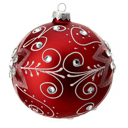 Palla di Natale vetro soffiato rosso decoro bianco 120 mm  3