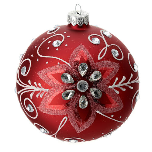 Palla di Natale vetro soffiato rosso decoro bianco 120 mm  4