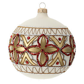 Christmas ball of blown glass, 120 mm, white with red and golden decorations