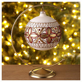 Christmas ball of blown glass, 120 mm, white with red and golden decorations