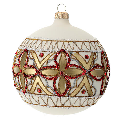 Christmas ball of blown glass, 120 mm, white with red and golden decorations 1