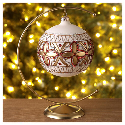Christmas ball of blown glass, 120 mm, white with red and golden decorations 2