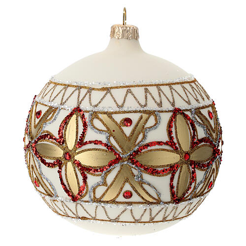 Christmas ball of blown glass, 120 mm, white with red and golden decorations 3