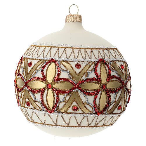 Christmas ball of blown glass, 120 mm, white with red and golden decorations 4
