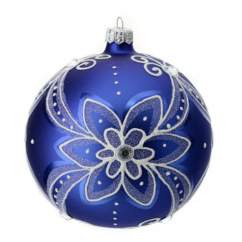 Boule de Noël bleue fleur blanche 120 mm verre soufflé 1