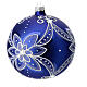 Boule de Noël bleue fleur blanche 120 mm verre soufflé s7