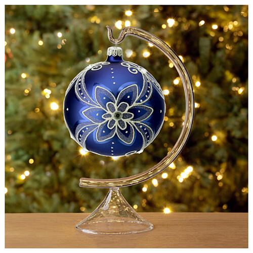 Bola de Natal azul flor branca 120 mm vidro soprado 3