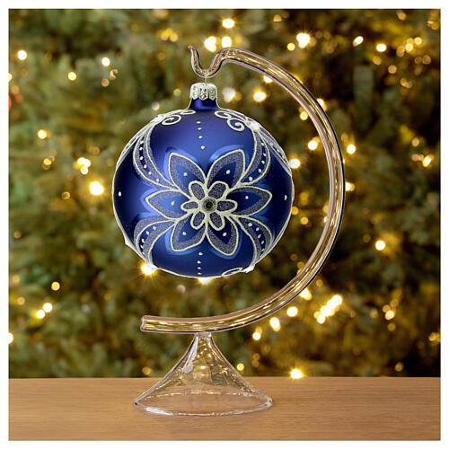 Bola de Natal azul flor branca 120 mm vidro soprado 2