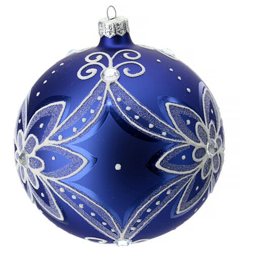 Bola de Natal azul flor branca 120 mm vidro soprado 3