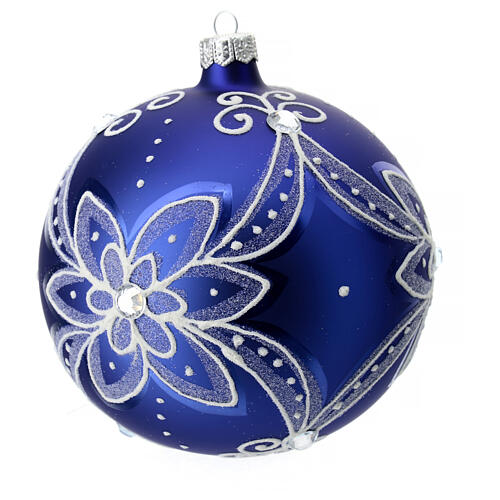 Bola de Natal azul flor branca 120 mm vidro soprado 4