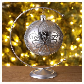 Christmas glass ball, opaque silver and glitter, 120 mm