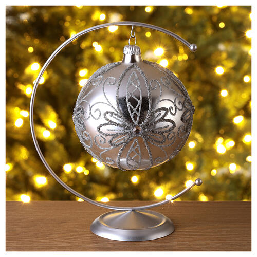 Christmas glass ball, opaque silver and glitter, 120 mm 2