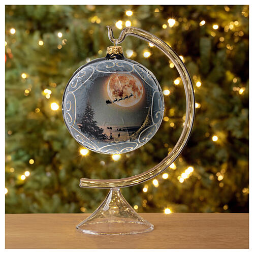 Pallina Natale vetro soffiato 120 mm slitta con renne in cielo 2
