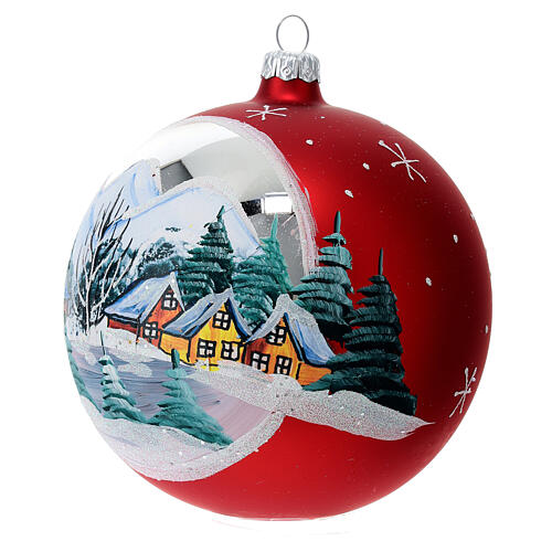 Enfeite Natal bola de vidro vermelha com paisagem 120 mm 3