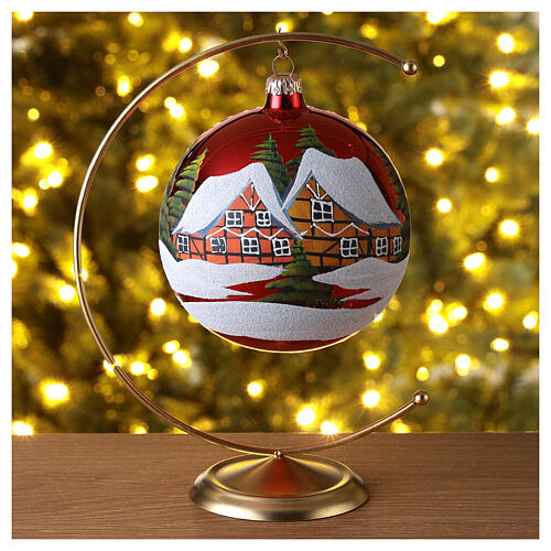 Red Christmas glass ball with snowy village 120 mm 2