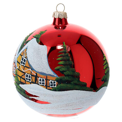 Red Christmas glass ball with snowy village 120 mm 3