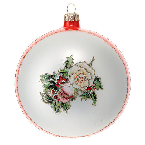 Red and white Christmas glass ball with white roses 120 mm 1