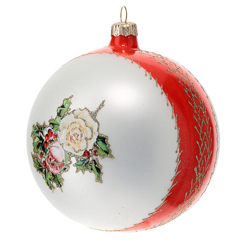Red and white Christmas glass ball with white roses 120 mm 2