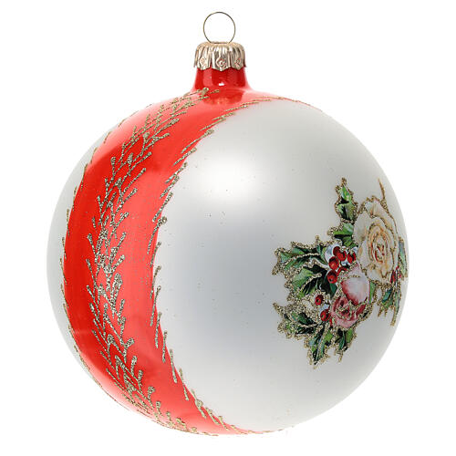 Red and white Christmas glass ball with white roses 120 mm 3