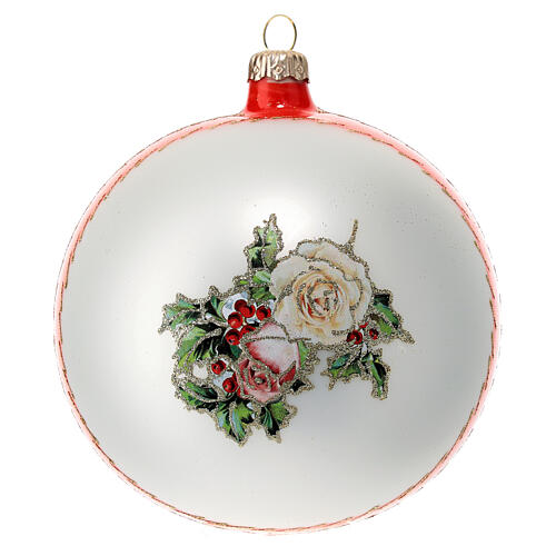 Red and white Christmas glass ball with white roses 120 mm 4