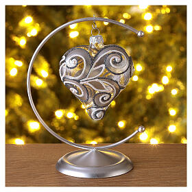 Heart-shaped Christmas glass ball with silver pattern 100 mm