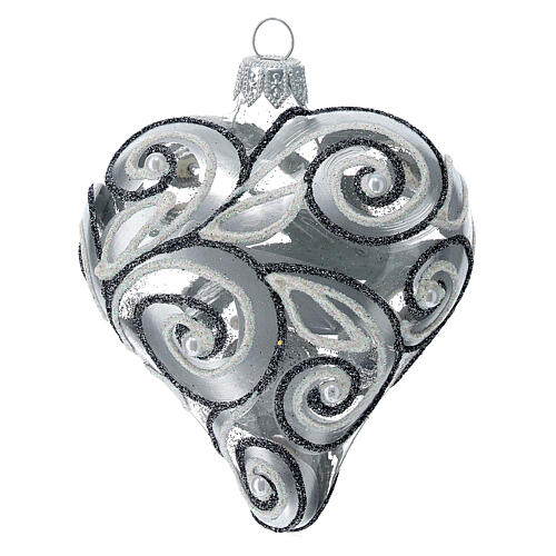 Heart-shaped Christmas glass ball with silver pattern 100 mm 1