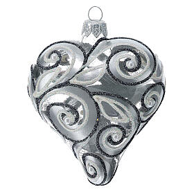 Corazón de vidrio motivos plata y purpurina 100 mm