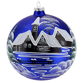 Boule de Noël verre 150 mm village sur fond bleu