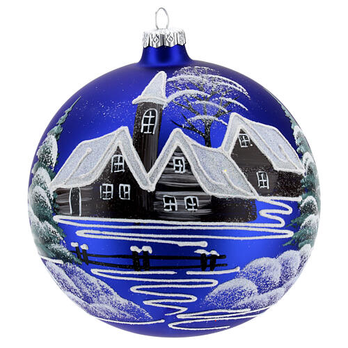 Boule de Noël verre 150 mm village sur fond bleu 1