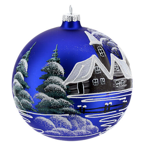 Boule de Noël verre 150 mm village sur fond bleu 4