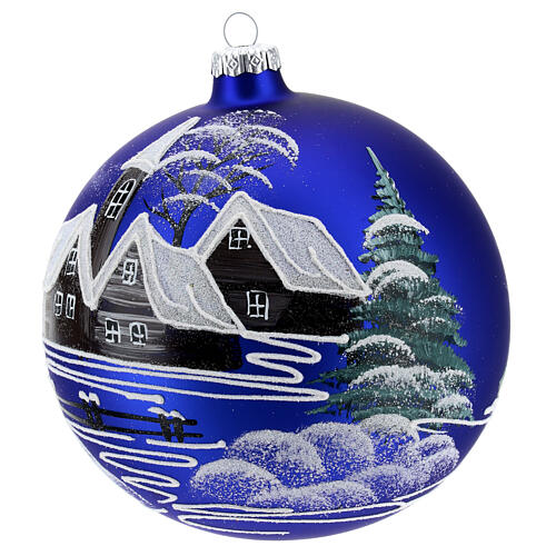 Addobbo palla natalizia vetro soffiato blu villaggio 150 mm 3