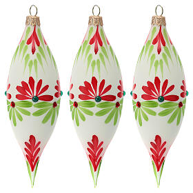 Teardrop ornament double pointed white blown glass 130 mm 3 pcs