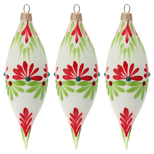 Teardrop ornament double pointed white blown glass 130 mm 3 pcs 1
