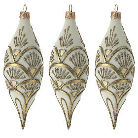 Teardrop ornament 3 pcs set white double pointed with golden decorations 130 mm