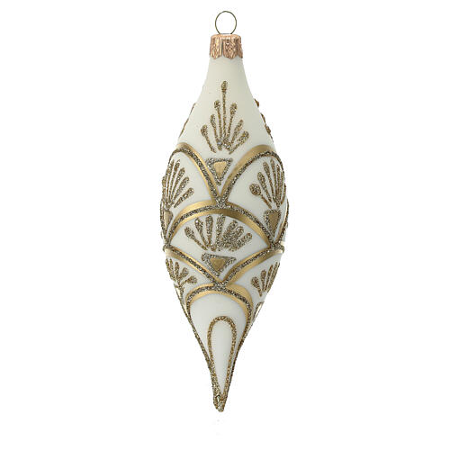 Teardrop ornament 3 pcs set white double pointed with golden decorations 130 mm 3