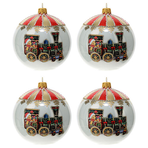 Weihnachtskugeln, 4er-Set, mundgeblasenes Glas, Weiß mit Weihnachtszug, Ø 100 mm 1