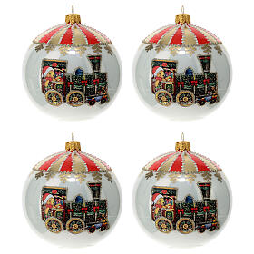 Box of 4 Christmas balls, white with train, 100 mm