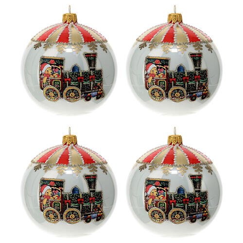 Box of 4 Christmas balls, white with train, 100 mm 1