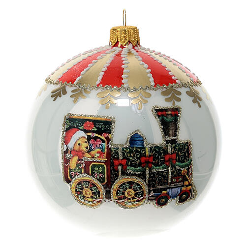 Box of 4 Christmas balls, white with train, 100 mm 2