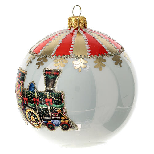 Box of 4 Christmas balls, white with train, 100 mm 3