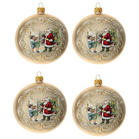 Box of 4 Christmas balls, opaque gold, Santa with children, 100 mm