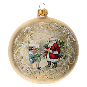 Box of 4 Christmas balls, opaque gold, Santa with children, 100 mm