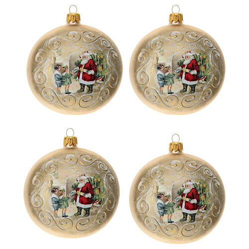 Box of 4 Christmas balls, opaque gold, Santa with children, 100 mm 1