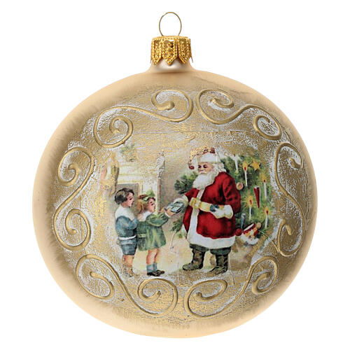 Box of 4 Christmas balls, opaque gold, Santa with children, 100 mm 2