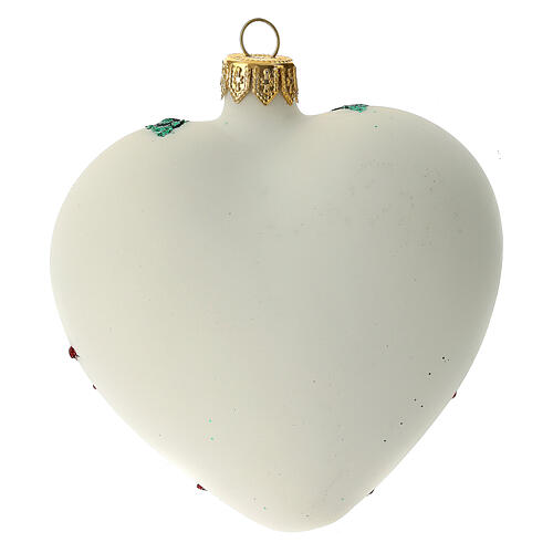 Box of 4 heart-shaped Christmas balls, white with red flower, 100 mm 4