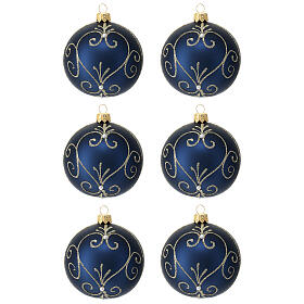 Box of 6 blue Christmas balls with golden glitter 80 mm