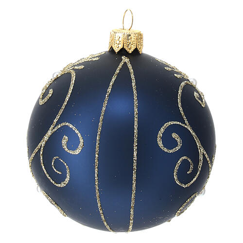 Box of 6 blue Christmas balls with golden glitter 80 mm 3