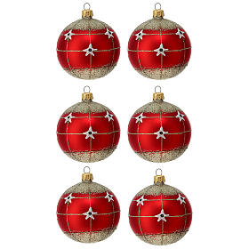 Blown glass red ornament with glitter 80 mm 6 pcs