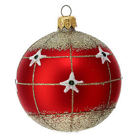 Blown glass red ornament with glitter 80 mm 6 pcs