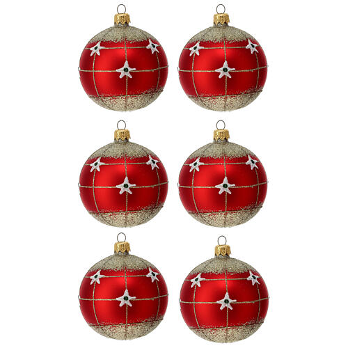 Blown glass red ornament with glitter 80 mm 6 pcs 1